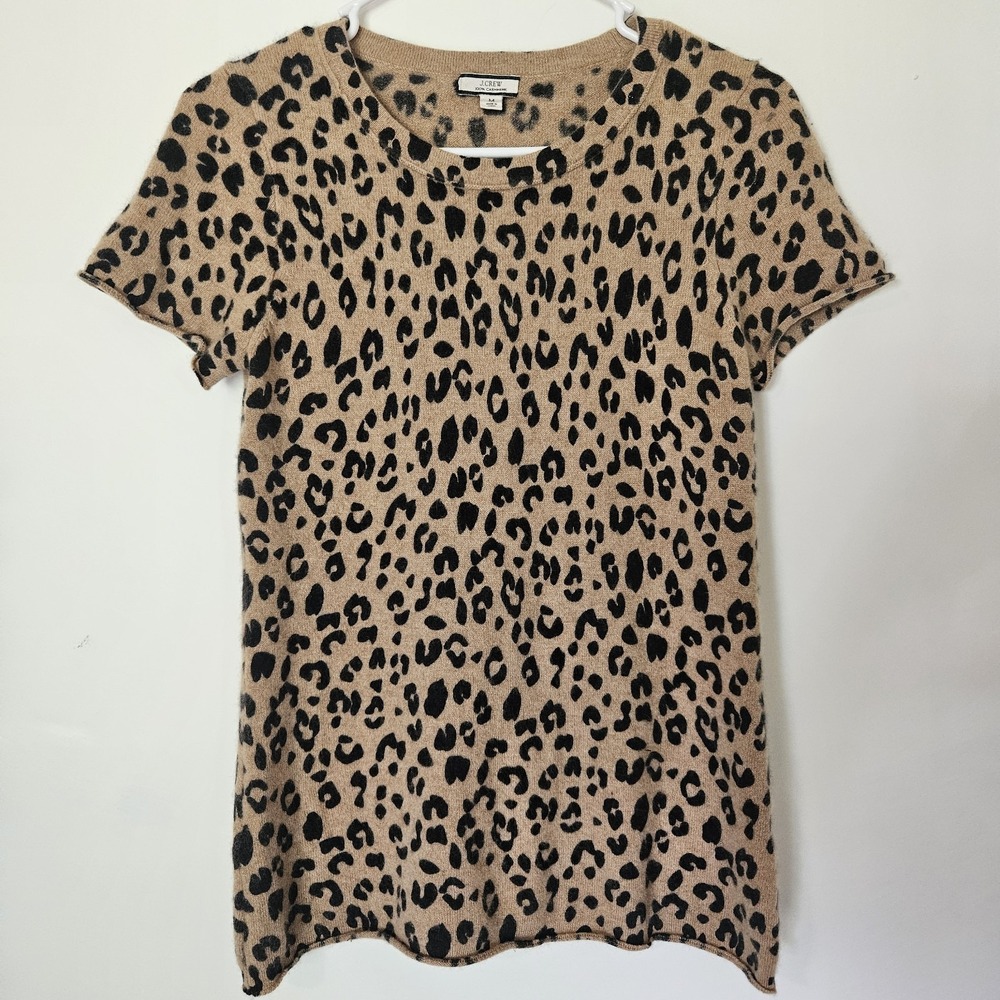 J. Crew Cheetah 100% Cashmere Sweater Top M Leopard Short Sleeve Shirt Crewneck
